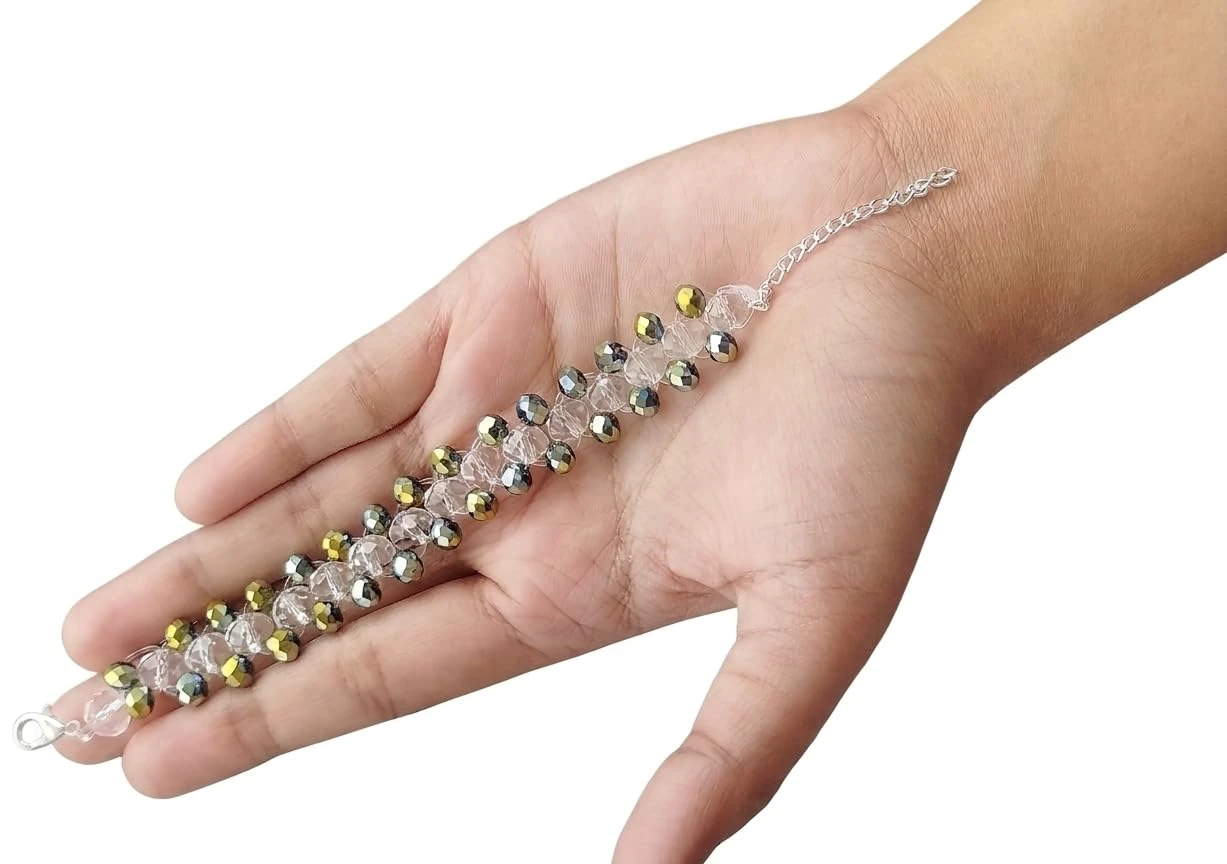Handmade Dual Tone Crystal Cut Sea Green Criss- Cross Beaded Bracelet with adjustable Elastic Thread view 5
