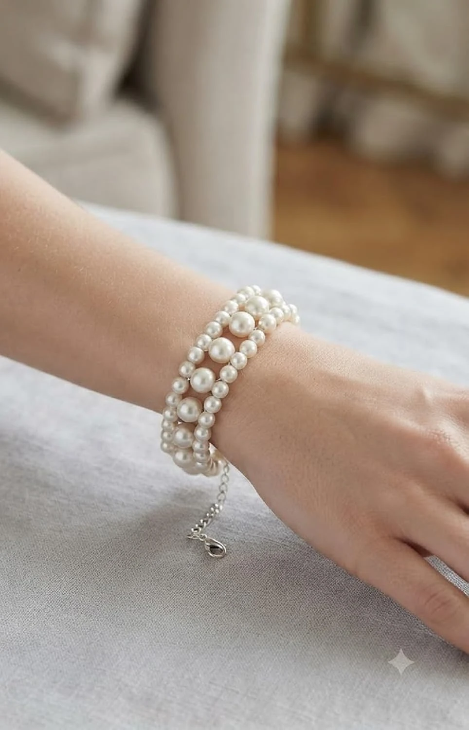 Handmade Double Layer Black Pearl Beaded Bracelet for women with Adjustable Grey Chain for Women & Girls view 2
