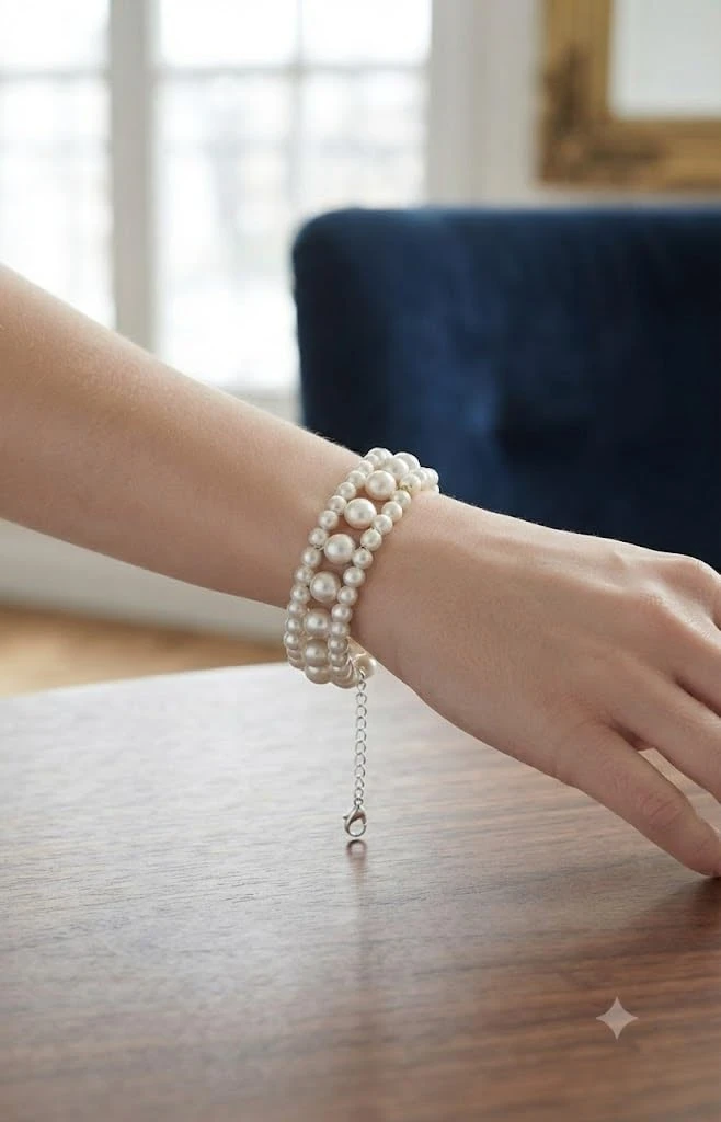 Handmade Double Layer Black Pearl Beaded Bracelet for women with Adjustable Grey Chain for Women & Girls view 4