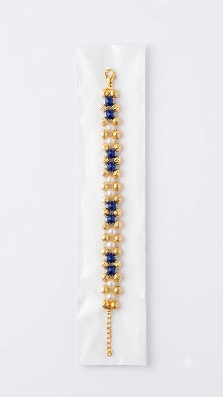 White & Brown Tricolour Criss Cross Beaded Bracelet with Adjustable Link Golden Chain view 2