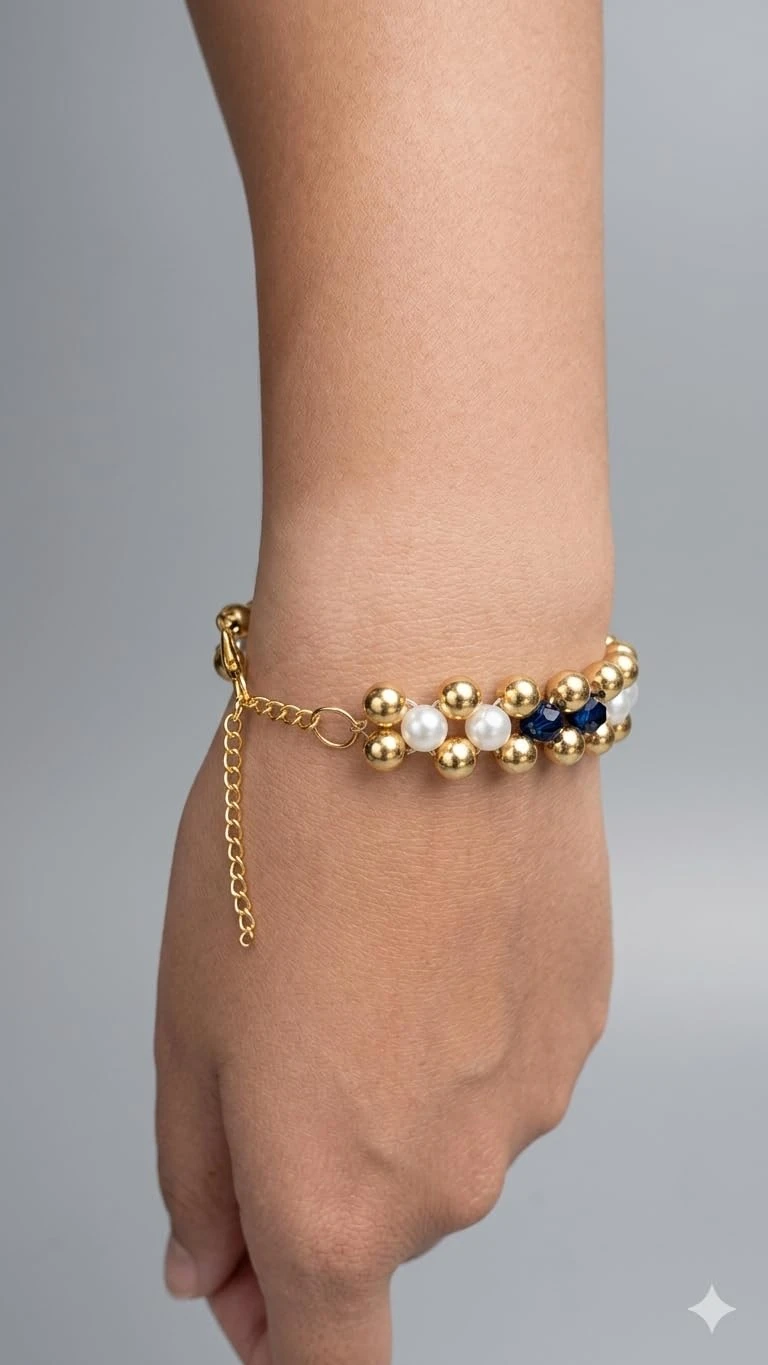 White & Brown Tricolour Criss Cross Beaded Bracelet with Adjustable Link Golden Chain view 5