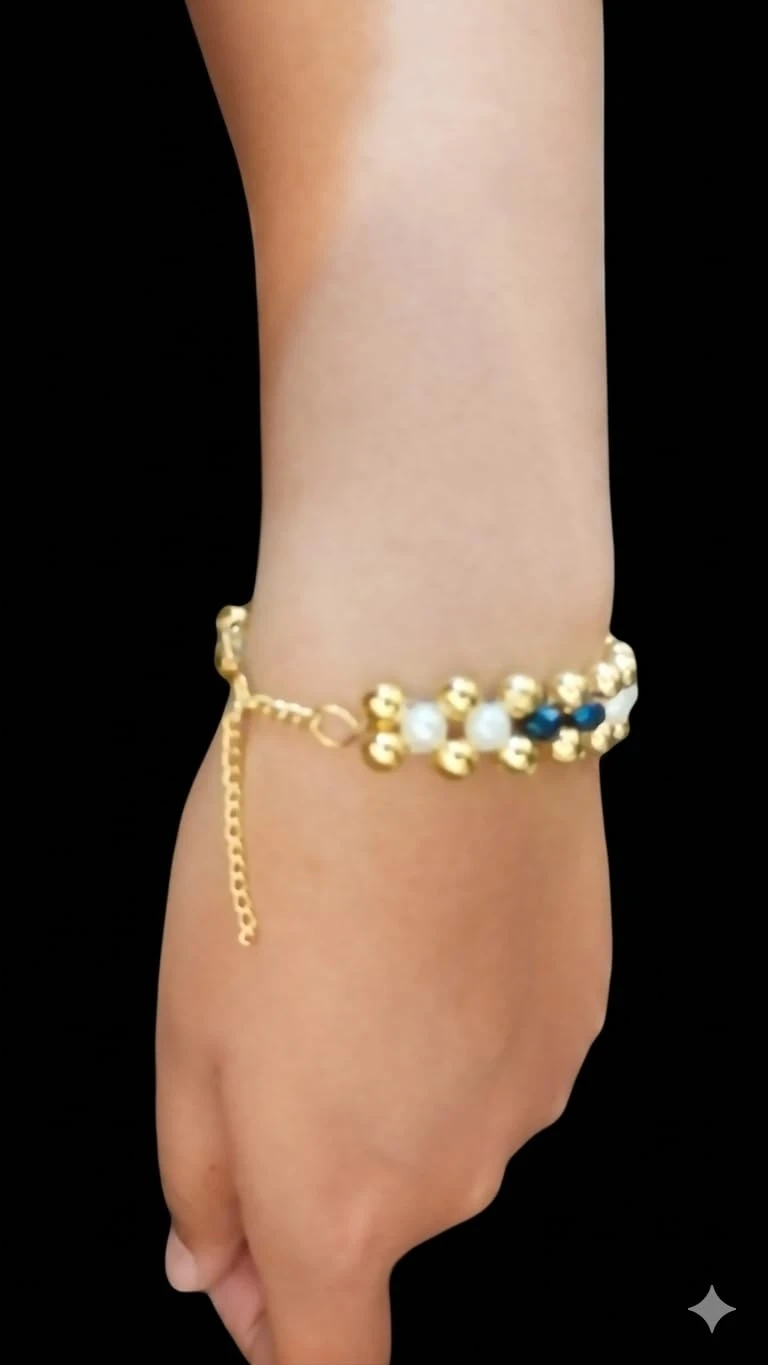 White & Brown Tricolour Criss Cross Beaded Bracelet with Adjustable Link Golden Chain view 3