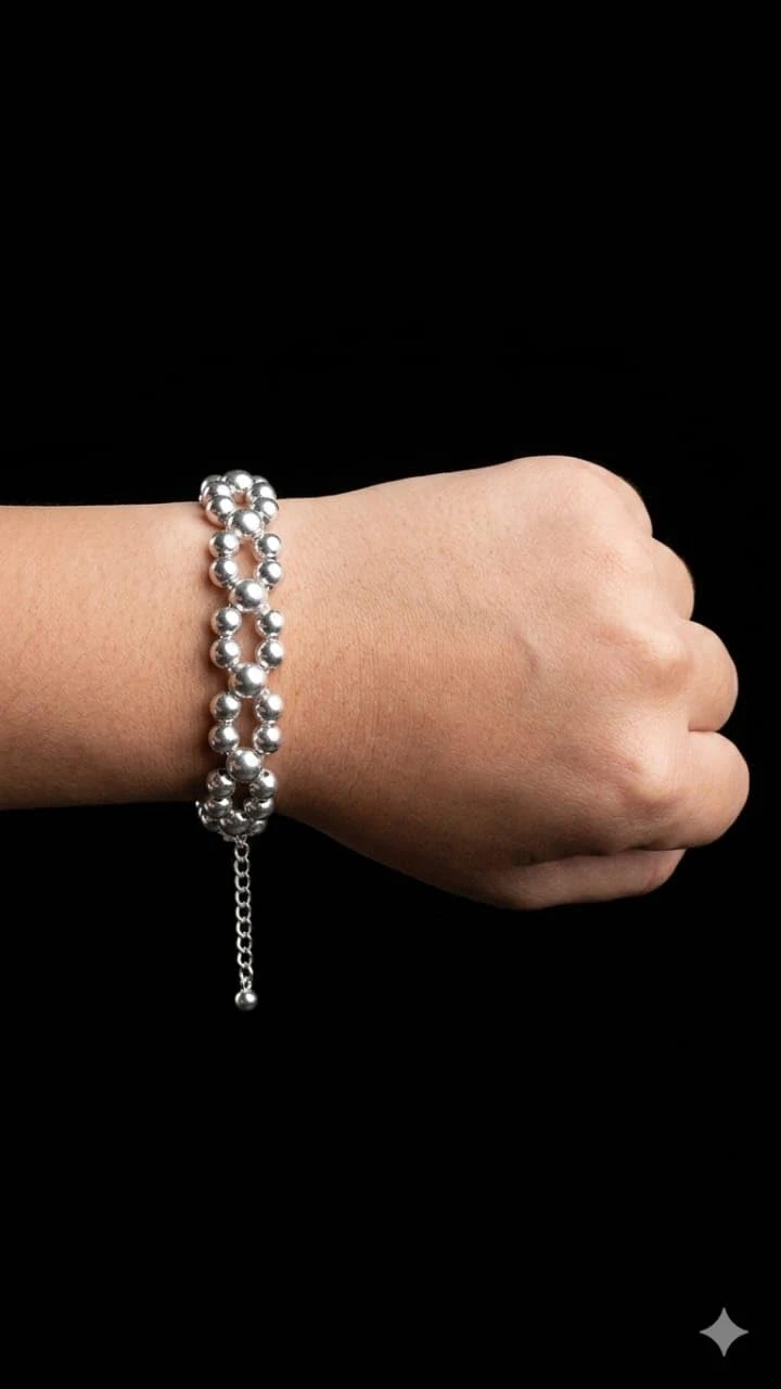 Modern Silver Beaded Link Bracelet Multi-Layer Sphere Chain Design with Adjustable Closure for Everyday Wear (Diameter-7cm) view 2