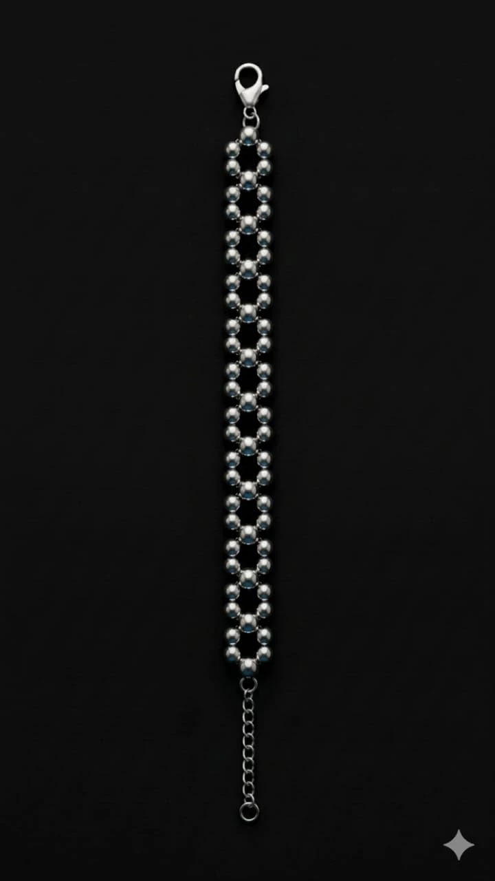 Modern Silver Beaded Link Bracelet Multi-Layer Sphere Chain Design with Adjustable Closure for Everyday Wear (Diameter-7cm) view 3