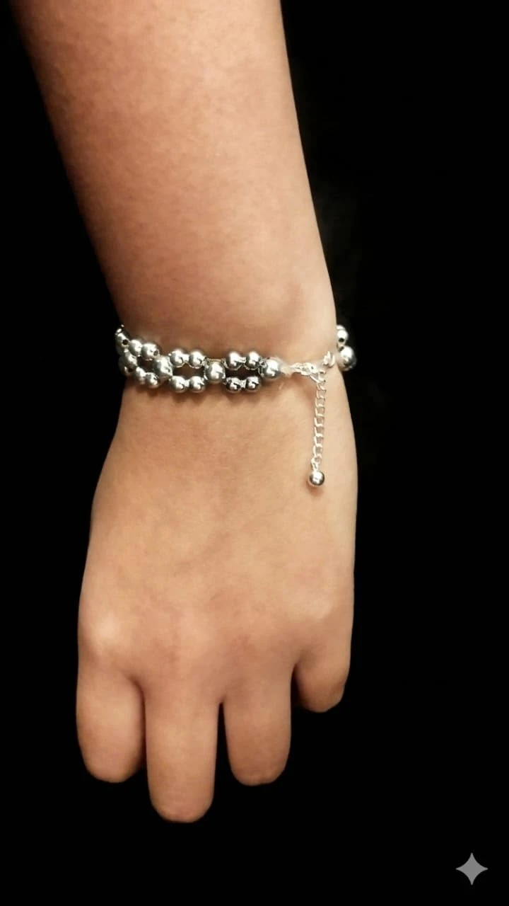 Modern Silver Beaded Link Bracelet Multi-Layer Sphere Chain Design with Adjustable Closure for Everyday Wear (Diameter-7cm) view 4