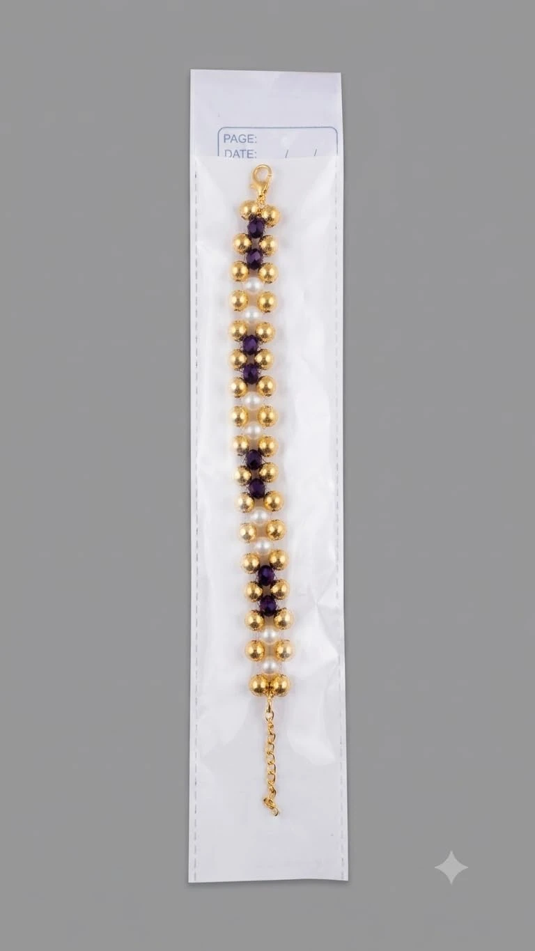 White & Brown Tricolour Criss Cross Beaded Bracelet with Adjustable Link Golden Chain view 2