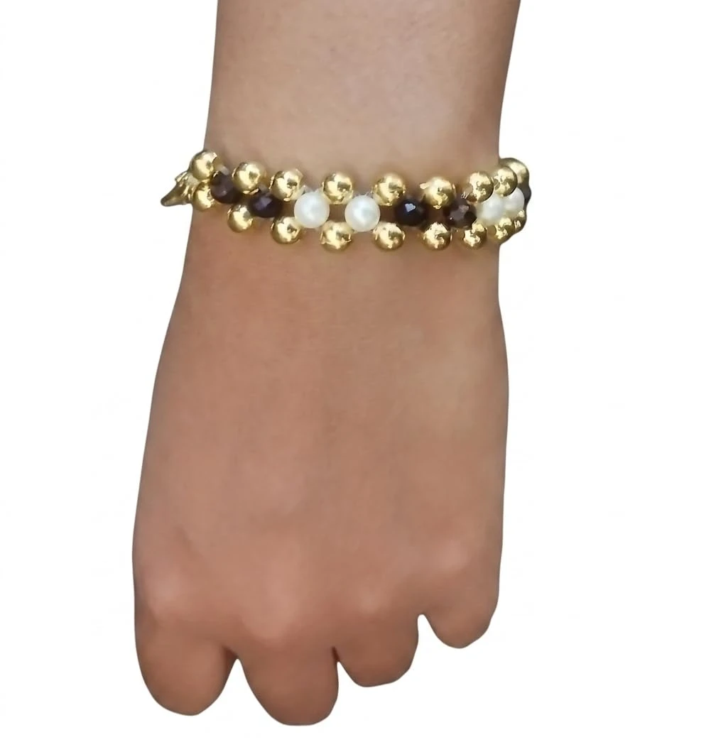 White & Brown Tricolour Criss Cross Beaded Bracelet with Adjustable Link Golden Chain view 3