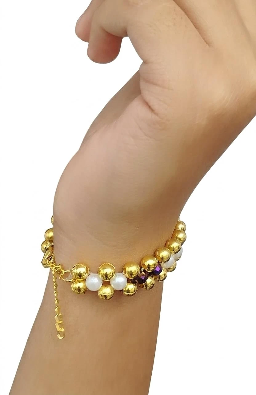 White & Brown Tricolour Criss Cross Beaded Bracelet with Adjustable Link Golden Chain view 4
