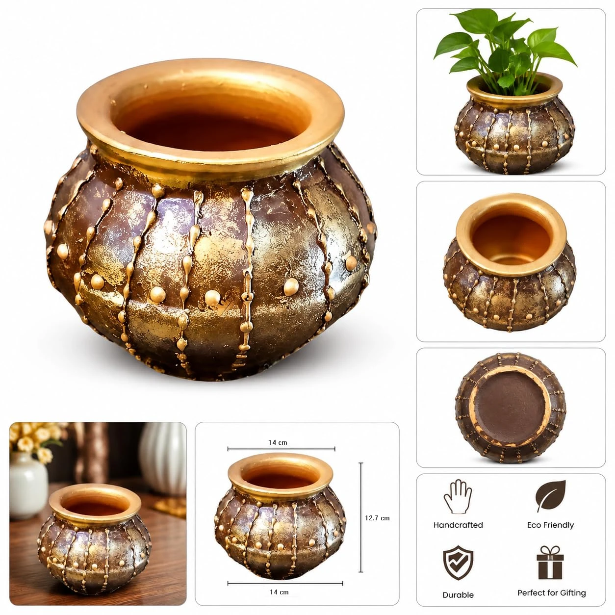 Curated Craft Handmade Small Mud Pot with Golden Artistic Design Decorative Earthen Vase for Home Styling (14Lx12.7H cm) view 2