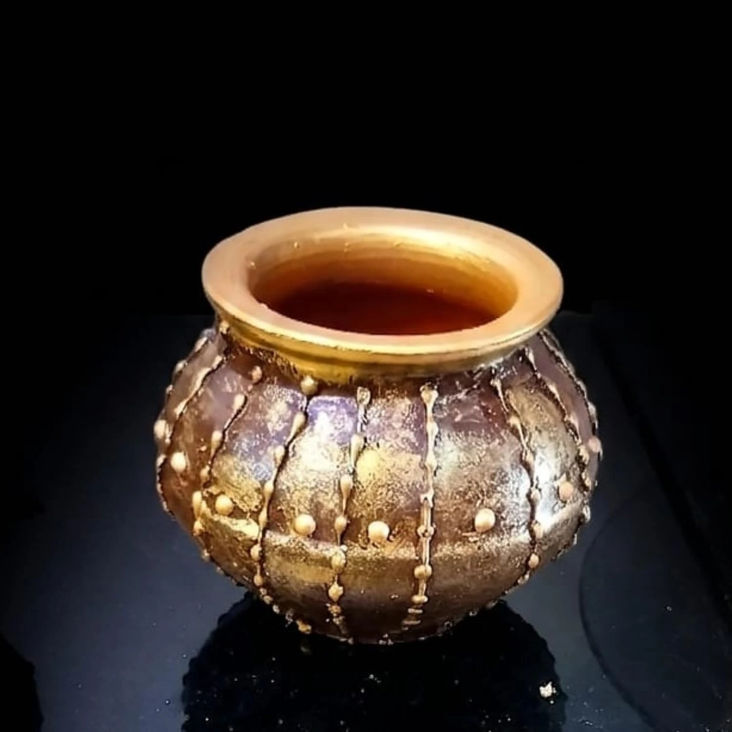 Curated Craft Handmade Small Mud Pot with Golden Artistic Design Decorative Earthen Vase for Home Styling (14Lx12.7H cm) view 4