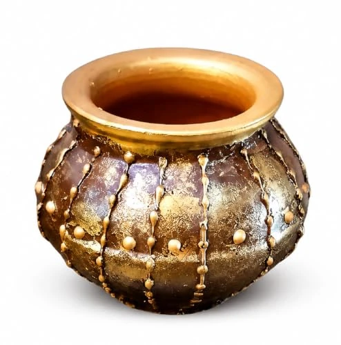 Curated Craft Handmade Small Mud Pot with Golden Artistic Design Decorative Earthen Vase for Home Styling (14Lx12.7H cm) view 6