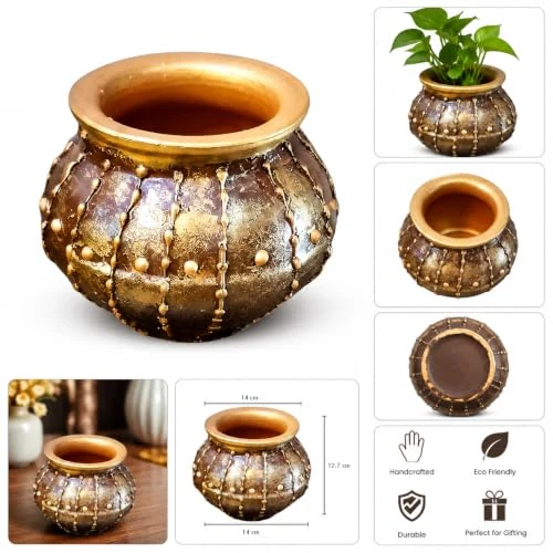Curated Craft Handmade Small Mud Pot with Golden Artistic Design Decorative Earthen Vase for Home Styling (14Lx12.7H cm) view 7