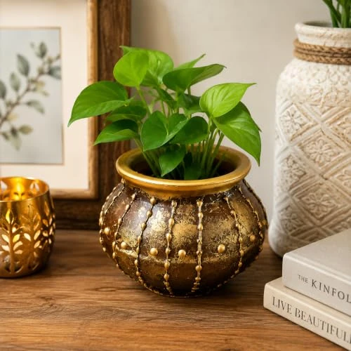 Curated Craft Handmade Small Mud Pot with Golden Artistic Design Decorative Earthen Vase for Home Styling (14Lx12.7H cm) view 8