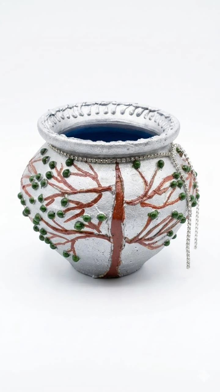 Curated Craft Silver Earthen Pot with Crystal Bead Accents & Textured Abstract Design Decorative Clay Pot for Luxury Home Décor (Multicolor) view 1