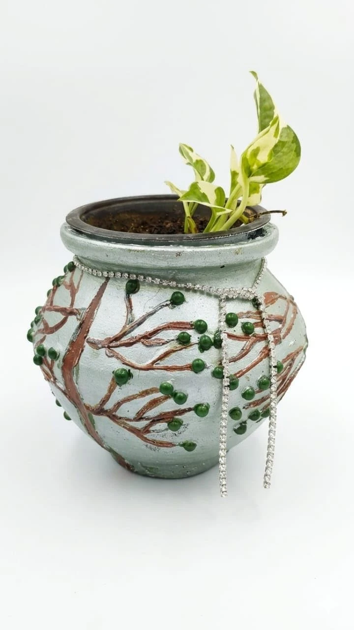 Curated Craft Silver Earthen Pot with Crystal Bead Accents & Textured Abstract Design Decorative Clay Pot for Luxury Home Décor (Multicolor) view 2