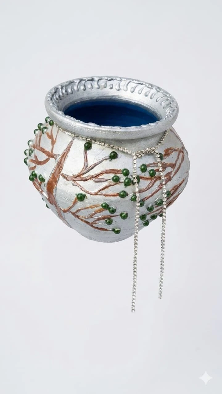 Curated Craft Silver Earthen Pot with Crystal Bead Accents & Textured Abstract Design Decorative Clay Pot for Luxury Home Décor (Multicolor) view 3