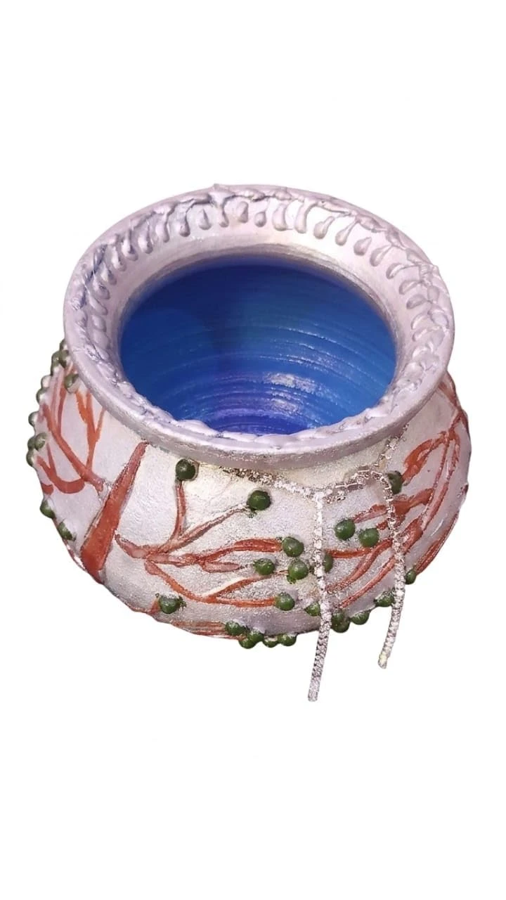 Curated Craft Silver Earthen Pot with Crystal Bead Accents & Textured Abstract Design Decorative Clay Pot for Luxury Home Décor (Multicolor) view 4