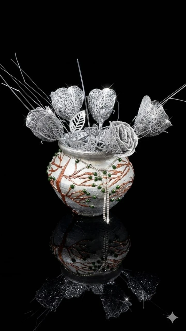 Curated Craft Silver Earthen Pot with Crystal Bead Accents & Textured Abstract Design Decorative Clay Pot for Luxury Home Décor (Multicolor) view 5