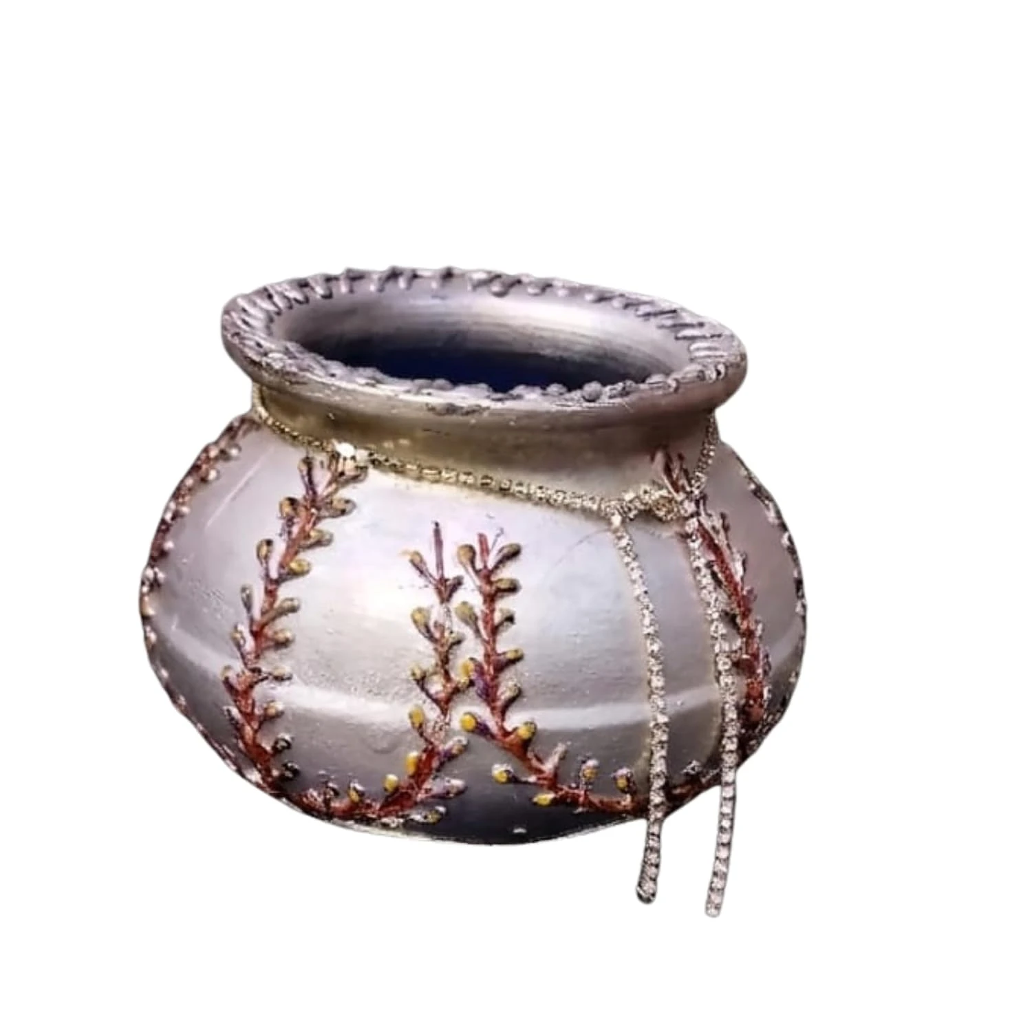 Curated Craft Silver Earthen Pot with Crystal Bead Accents & Textured Abstract Design Decorative Clay Pot for Luxury Home Décor (Multicolor) view 8
