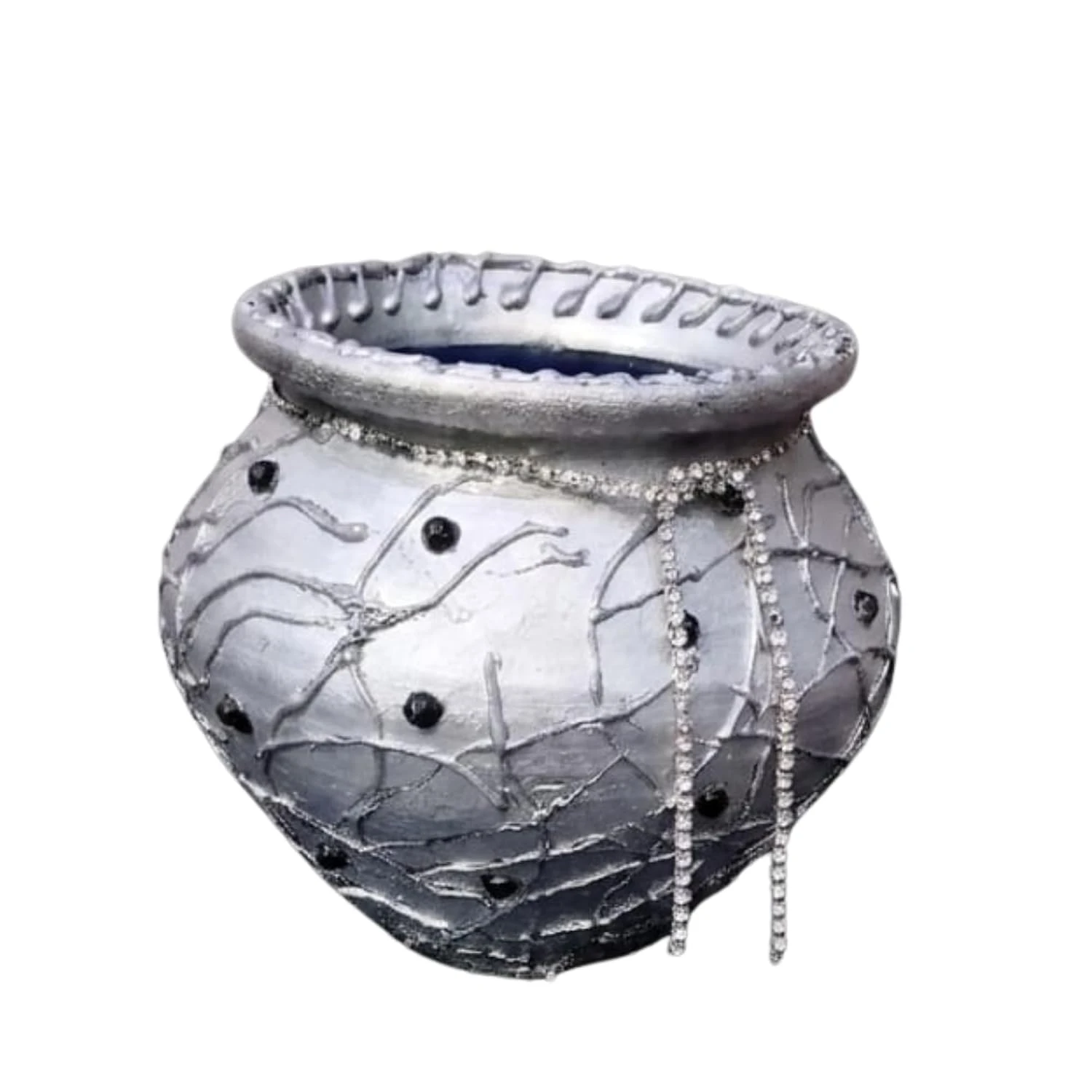 Curated Craft Silver Earthen Pot with Crystal Bead Accents & Textured Abstract Design Decorative Clay Pot for Luxury Home Décor (13.97x12.7H cm) view 1
