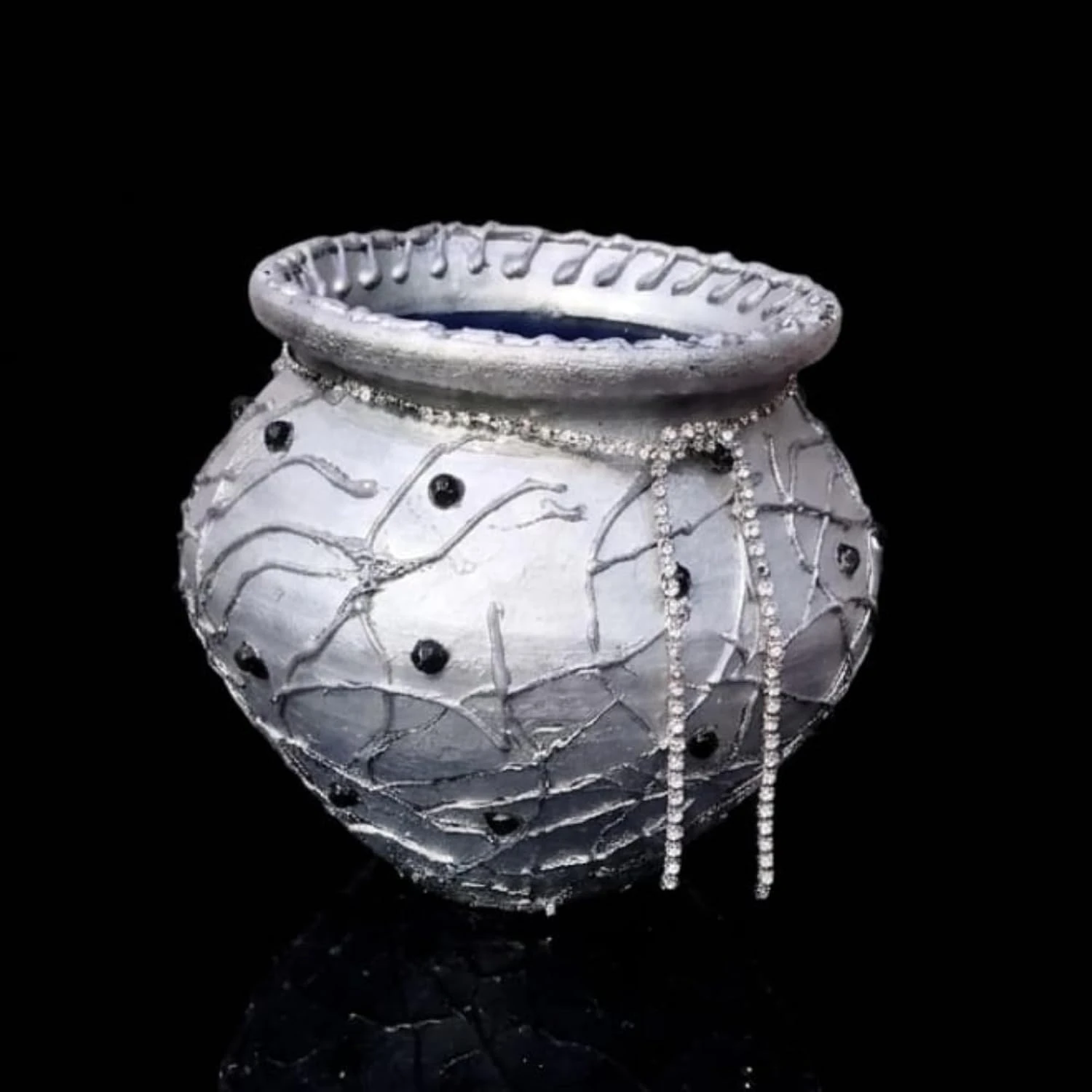 Curated Craft Silver Earthen Pot with Crystal Bead Accents & Textured Abstract Design Decorative Clay Pot for Luxury Home Décor (13.97x12.7H cm) view 2