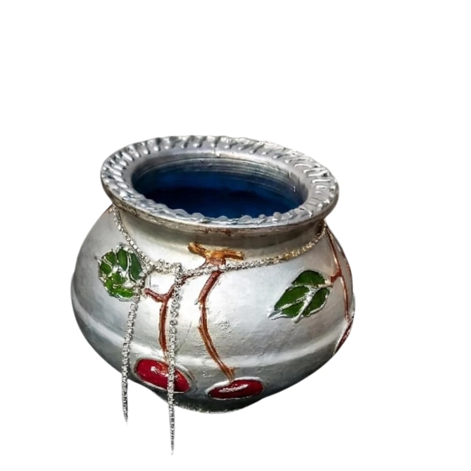 Curated Craft Silver Earthen Pot with Crystal Bead Accents & Textured Abstract Design Decorative Clay Pot for Luxury Home Décor (13.97x12.7H cm) view 3