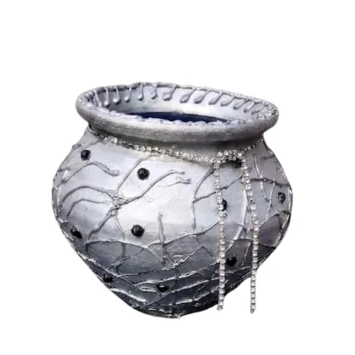 Curated Craft Silver Earthen Pot with Crystal Bead Accents & Textured Abstract Design Decorative Clay Pot for Luxury Home Décor (13.97x12.7H cm) view 6