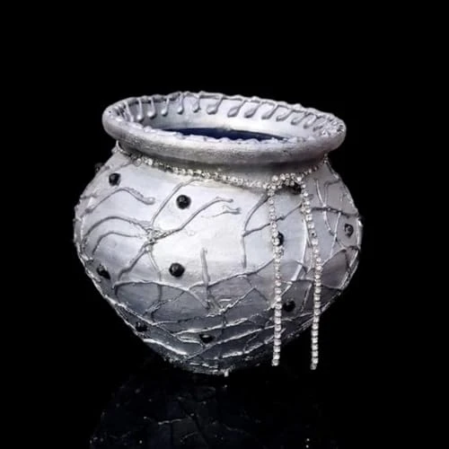 Curated Craft Silver Earthen Pot with Crystal Bead Accents & Textured Abstract Design Decorative Clay Pot for Luxury Home Décor (13.97x12.7H cm) view 7