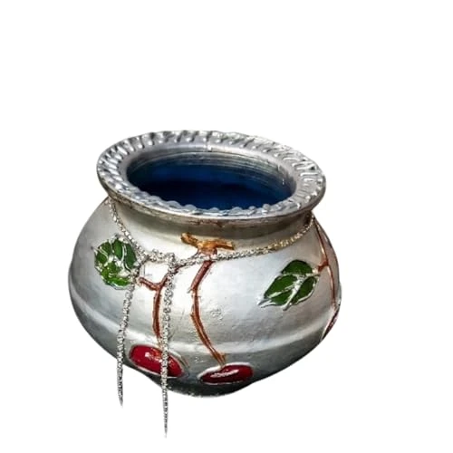 Curated Craft Silver Earthen Pot with Crystal Bead Accents & Textured Abstract Design Decorative Clay Pot for Luxury Home Décor (13.97x12.7H cm) view 8