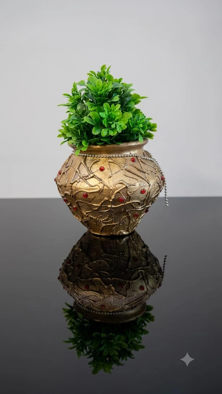 Curated Craft Designer Handcrafted Matki & Pot Planter with 3D Texture Design & Silver Stone Chain Decorative Earthen Clay Mitti Pot for Artificial Plants Home,Office &Living Room (15.24Lx13.97H cm) view 3