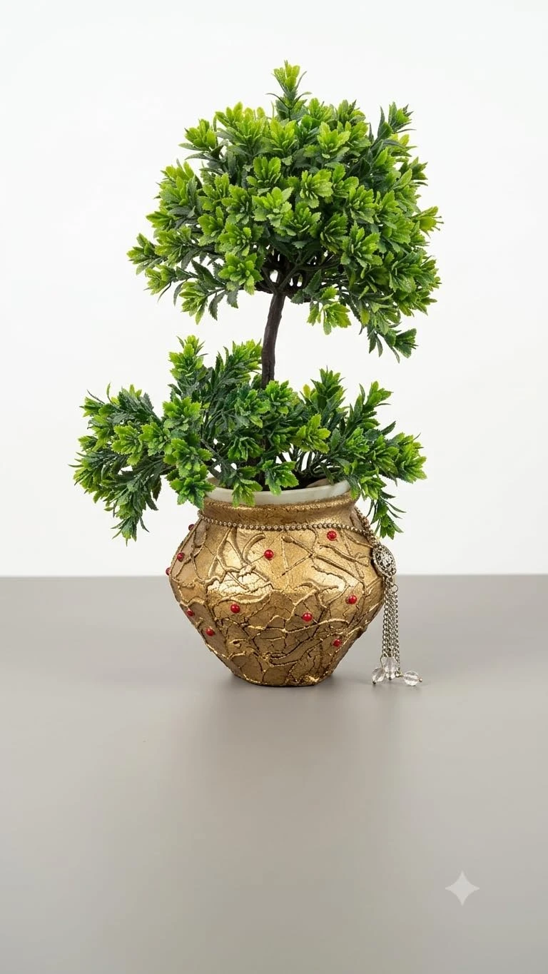 Curated Craft Designer Handcrafted Matki & Pot Planter with 3D Texture Design & Silver Stone Chain Decorative Earthen Clay Mitti Pot for Artificial Plants Home,Office &Living Room (15.24Lx13.97H cm) view 4