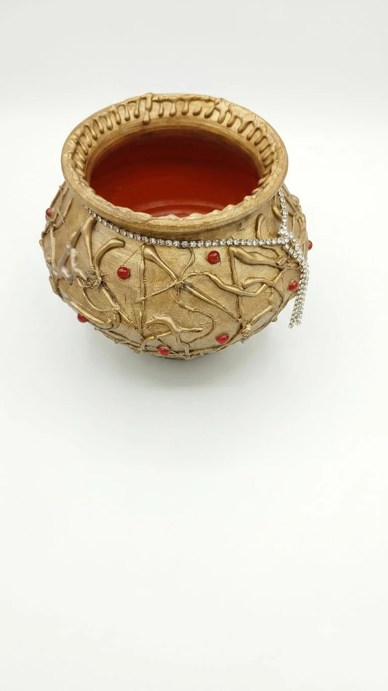 Curated Craft Designer Handcrafted Matki & Pot Planter with 3D Texture Design & Silver Stone Chain Decorative Earthen Clay Mitti Pot for Artificial Plants Home,Office &Living Room (15.24Lx13.97H cm) view 5
