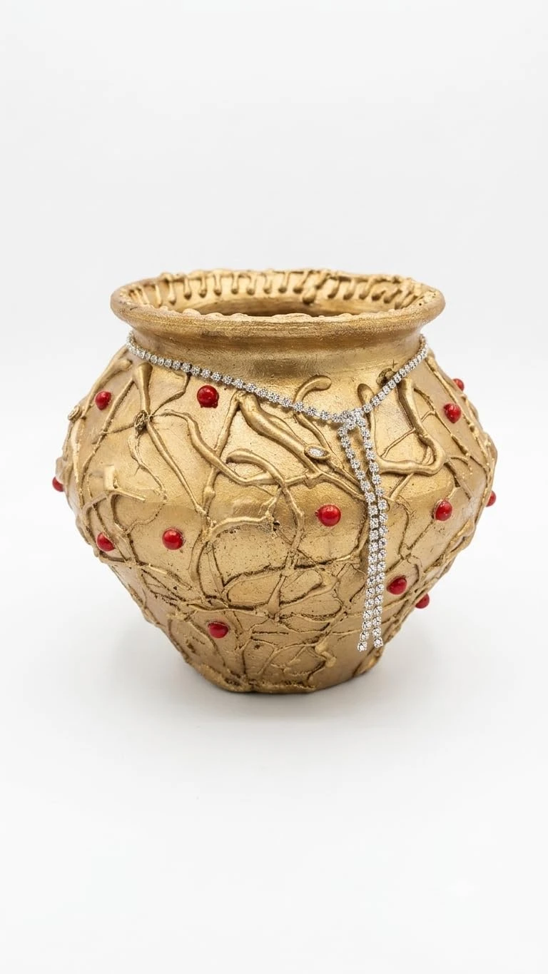 Curated Craft Designer Handcrafted Matki & Pot Planter with 3D Texture Design & Silver Stone Chain Decorative Earthen Clay Mitti Pot for Artificial Plants Home,Office &Living Room (15.24Lx13.97H cm) view 6