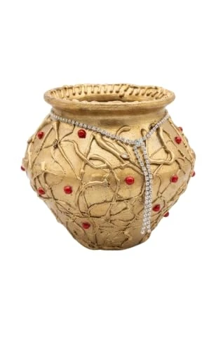 Curated Craft Designer Handcrafted Matki & Pot Planter with 3D Texture Design & Silver Stone Chain Decorative Earthen Clay Mitti Pot for Artificial Plants Home,Office &Living Room (15.24Lx13.97H cm) view 7