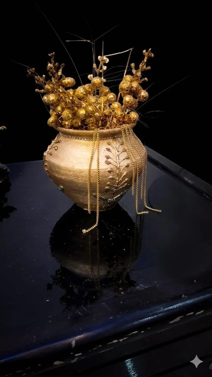 Curated Craft Golden Cherry Artisan Decorative Pot H&Crafted Ceramic Vase with Glitter & Rhinestone Detailing (Golden-13.97Lx12.7H cm) view 2