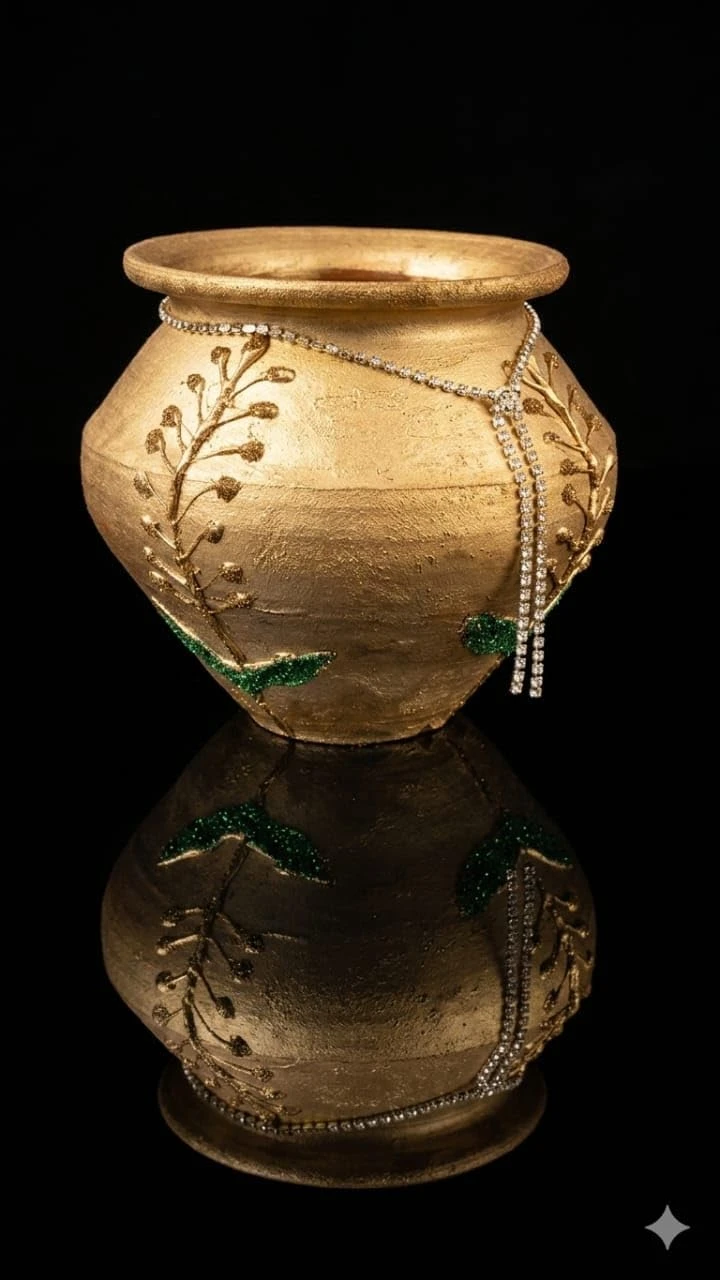 Curated Craft Golden Cherry Artisan Decorative Pot H&Crafted Ceramic Vase with Glitter & Rhinestone Detailing (Golden-13.97Lx12.7H cm) view 3