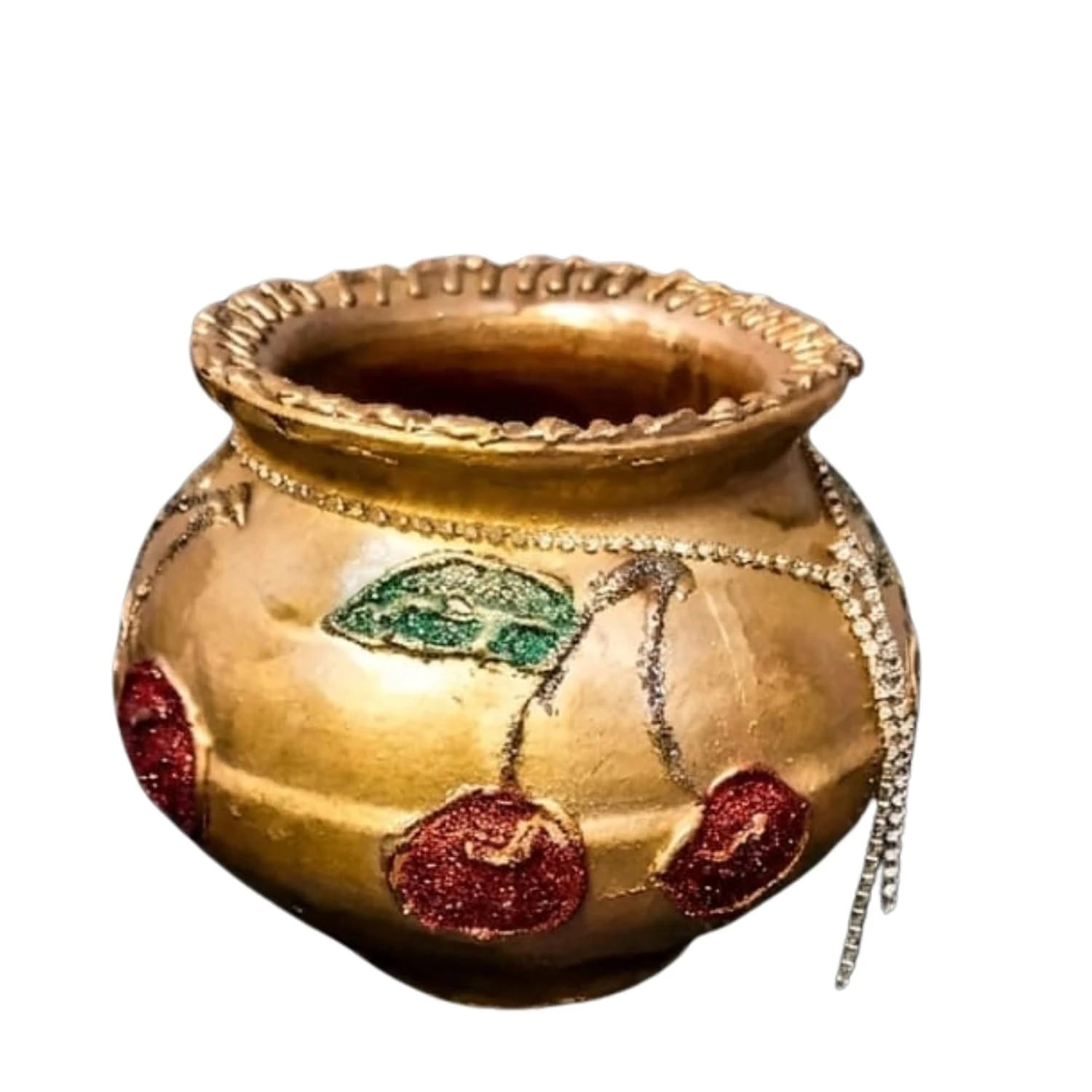 Curated Craft Golden Cherry Artisan Decorative Pot H&Crafted Ceramic Vase with Glitter & Rhinestone Detailing (Golden-13.97Lx12.7H cm) view 6