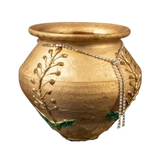 Curated Craft Golden Cherry Artisan Decorative Pot H&Crafted Ceramic Vase with Glitter & Rhinestone Detailing (Golden-13.97Lx12.7H cm) view 7