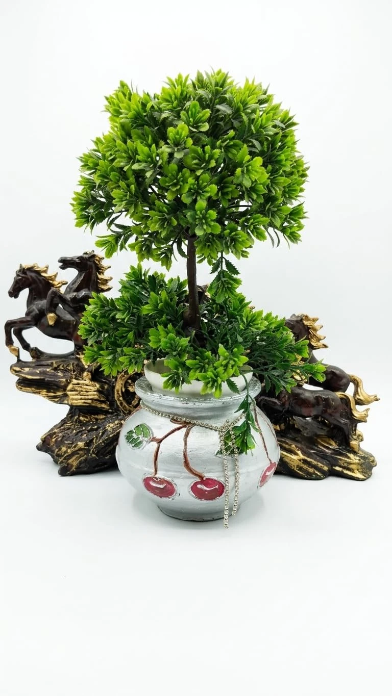 Curated Craft Terracotta Handcrafted Matki Planter with Cherry Design & Silver Stone Chain Decorative Earthen Clay Mitti Pot for Artificial Plants Home,Office & Living Room Décor (15.24Lx12.7H cm) view 2