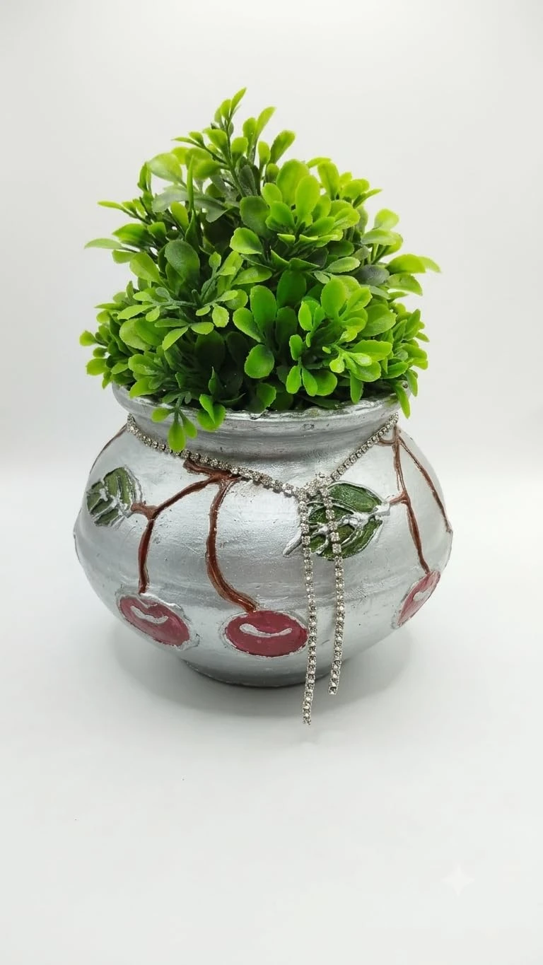 Curated Craft Terracotta Handcrafted Matki Planter with Cherry Design & Silver Stone Chain Decorative Earthen Clay Mitti Pot for Artificial Plants Home,Office & Living Room Décor (15.24Lx12.7H cm) view 4