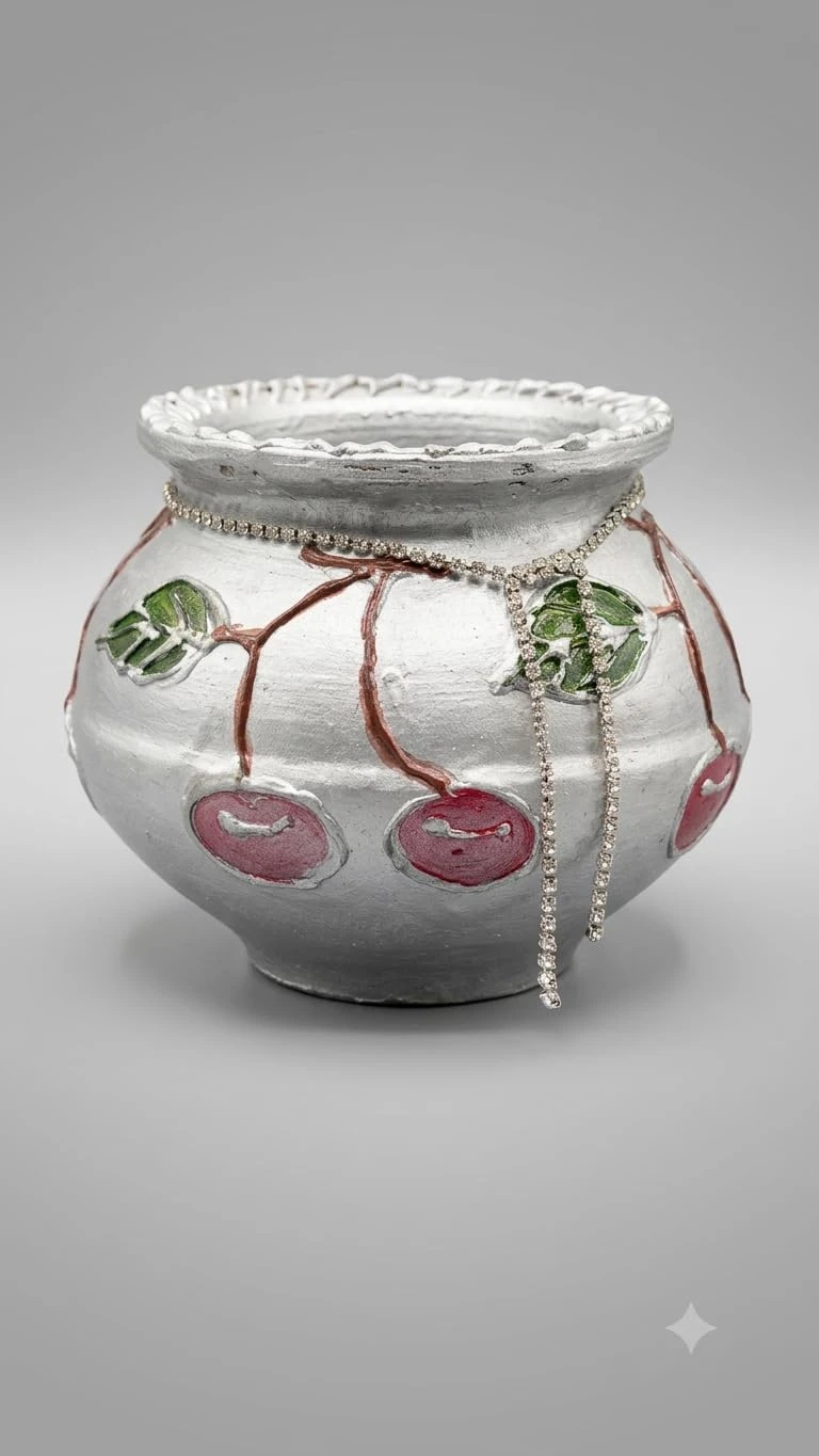 Curated Craft Terracotta Handcrafted Matki Planter with Cherry Design & Silver Stone Chain Decorative Earthen Clay Mitti Pot for Artificial Plants Home,Office & Living Room Décor (15.24Lx12.7H cm) view 5