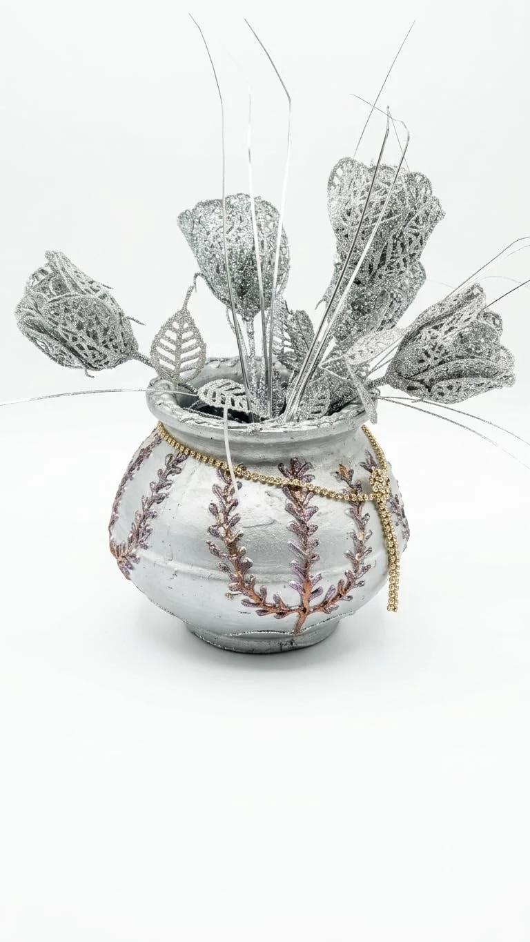 Curated Craft Terracotta Handcrafted Matki Planter with Corn Design and Silver Stone Chain Decorative Earthen Clay Mitti Pot for Artificial Plants Home,Office and Living Room Décor (15.24Lx12.7H cm) view 2