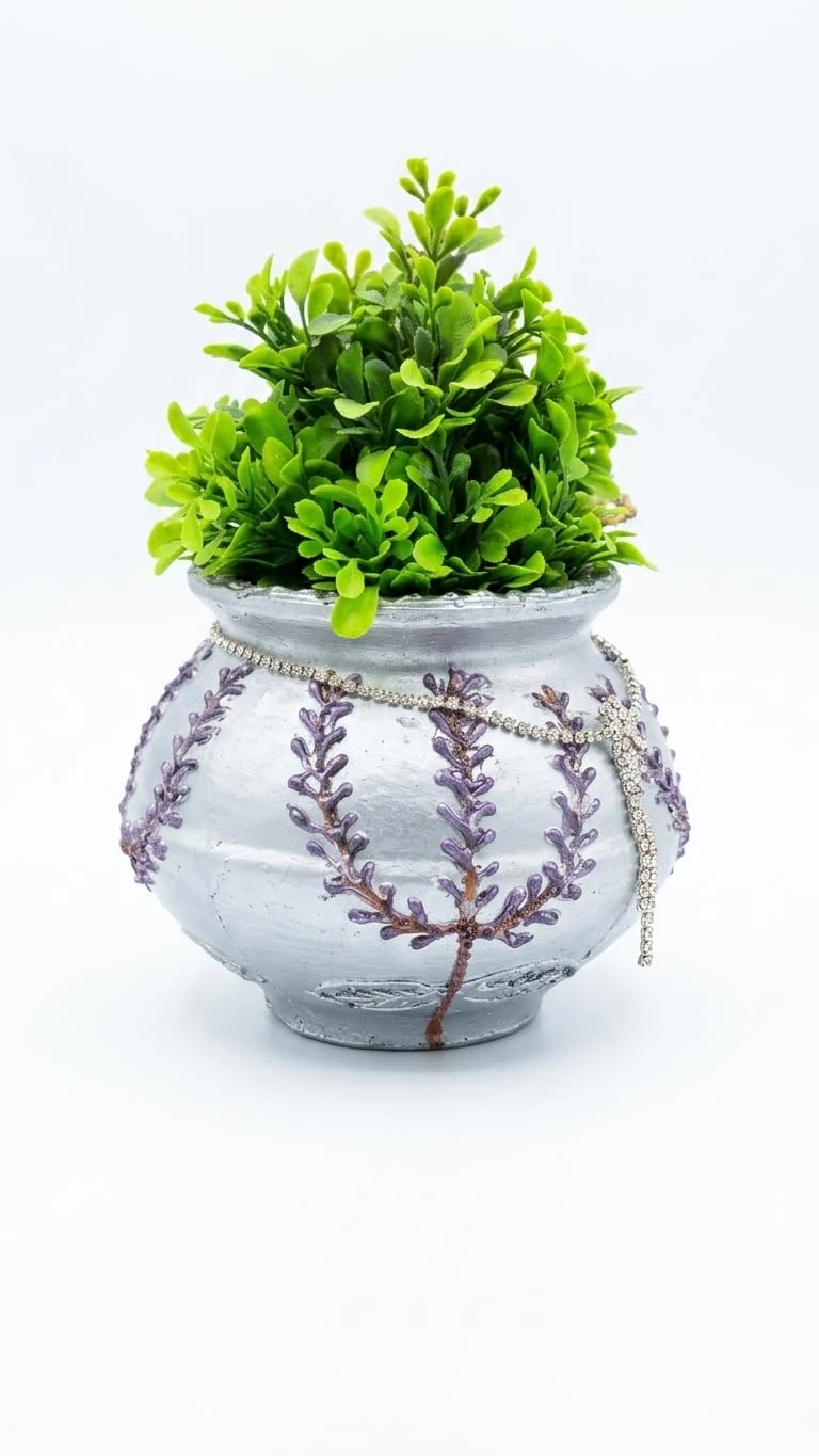 Curated Craft Terracotta Handcrafted Matki Planter with Corn Design and Silver Stone Chain Decorative Earthen Clay Mitti Pot for Artificial Plants Home,Office and Living Room Décor (15.24Lx12.7H cm) view 4
