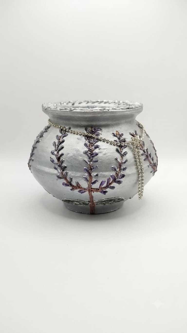 Curated Craft Terracotta Handcrafted Matki Planter with Corn Design and Silver Stone Chain Decorative Earthen Clay Mitti Pot for Artificial Plants Home,Office and Living Room Décor (15.24Lx12.7H cm) view 5