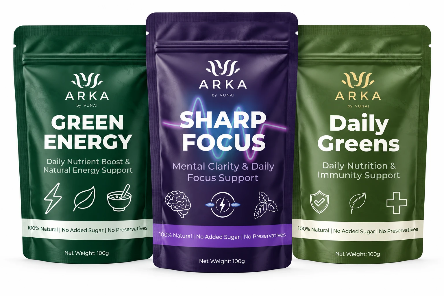 ARKA by VUNAI | Focus & Energy Trio | Green Energy + Sharp Focus + Daily Greens view 1