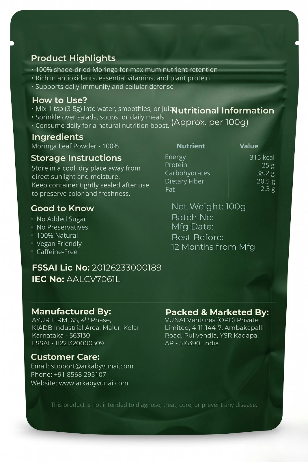 ARKA by VUNAI | Daily Greens | Moringa Leaf Powder | 100 g view 2
