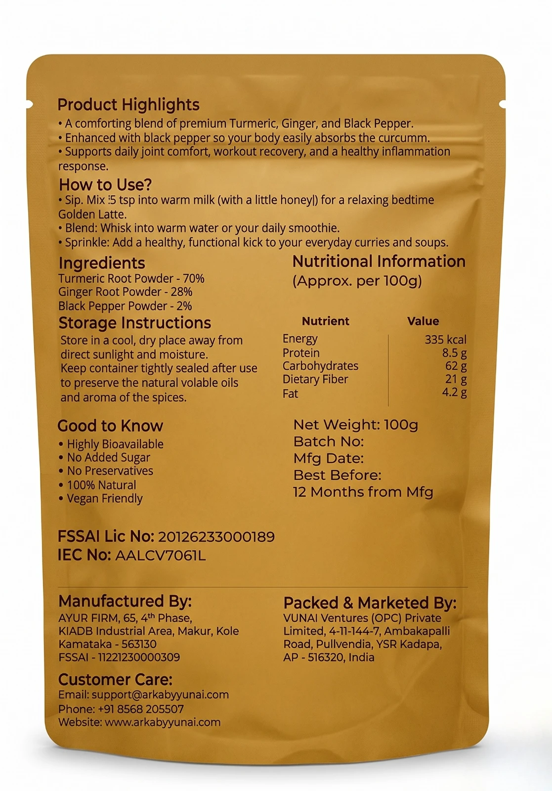 ARKA by VUNAI | Golden Recovery | Turmeric, Ginger & Black Pepper Powder | 100 g view 2