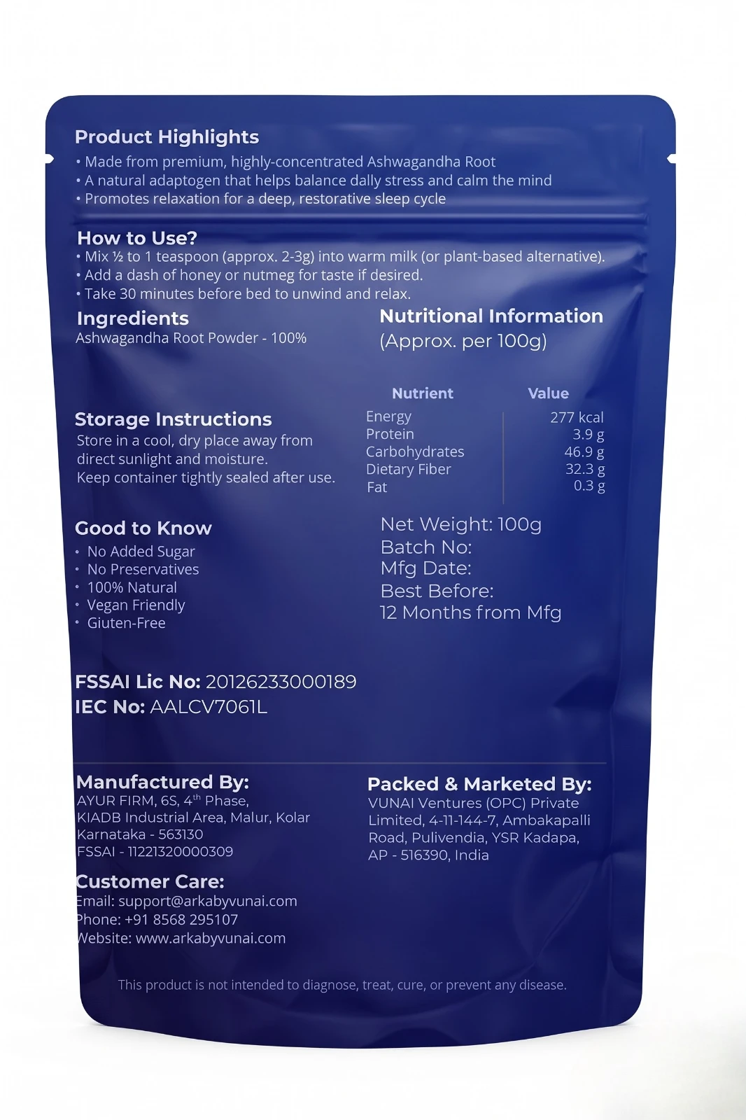 ARKA by VUNAI | Deep Rest | Ashwagandha Root Powder | 100 g view 2