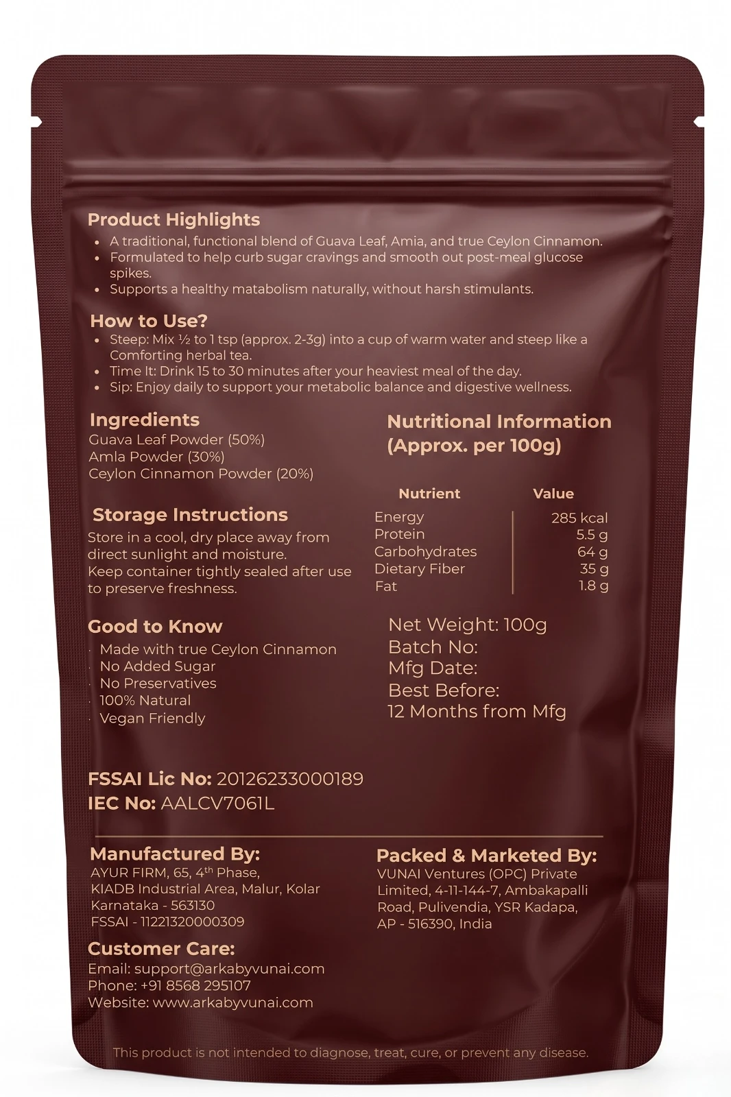 ARKA by VUNAI | Sugar Balance | Guava Leaf, Amla & Ceylon Cinnamon Blend | 100 g view 2
