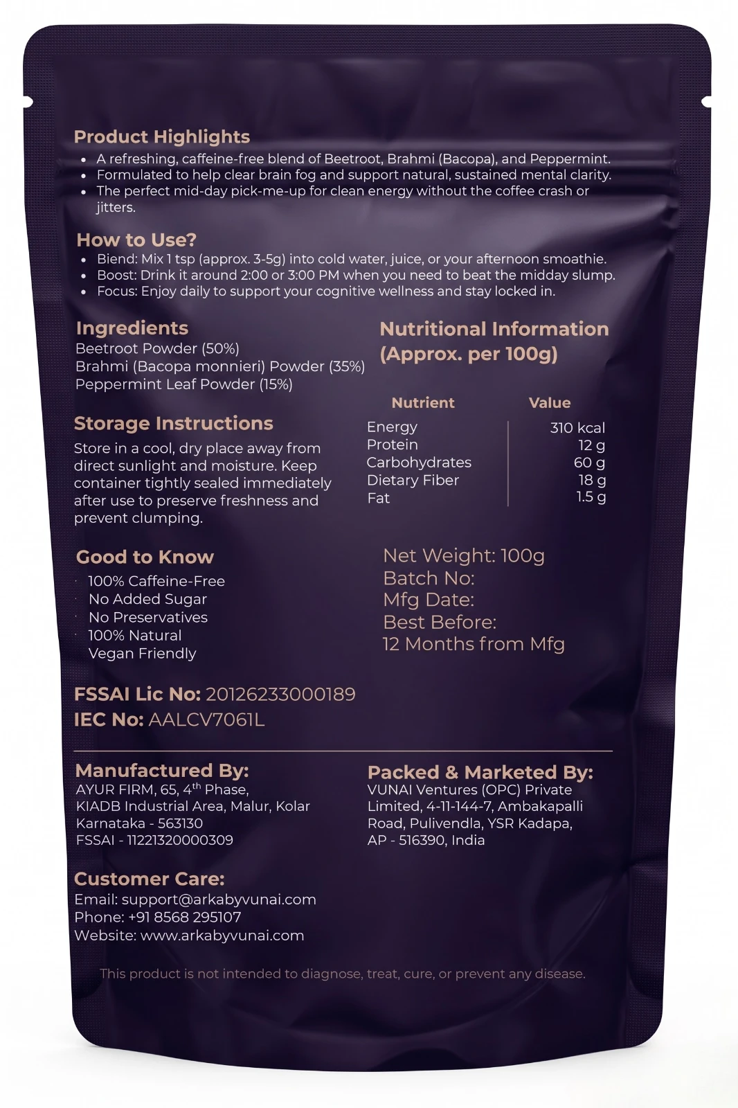 ARKA by VUNAI | Sharp Focus | Beetroot, Brahmi & Peppermint Powder | 100 g view 2